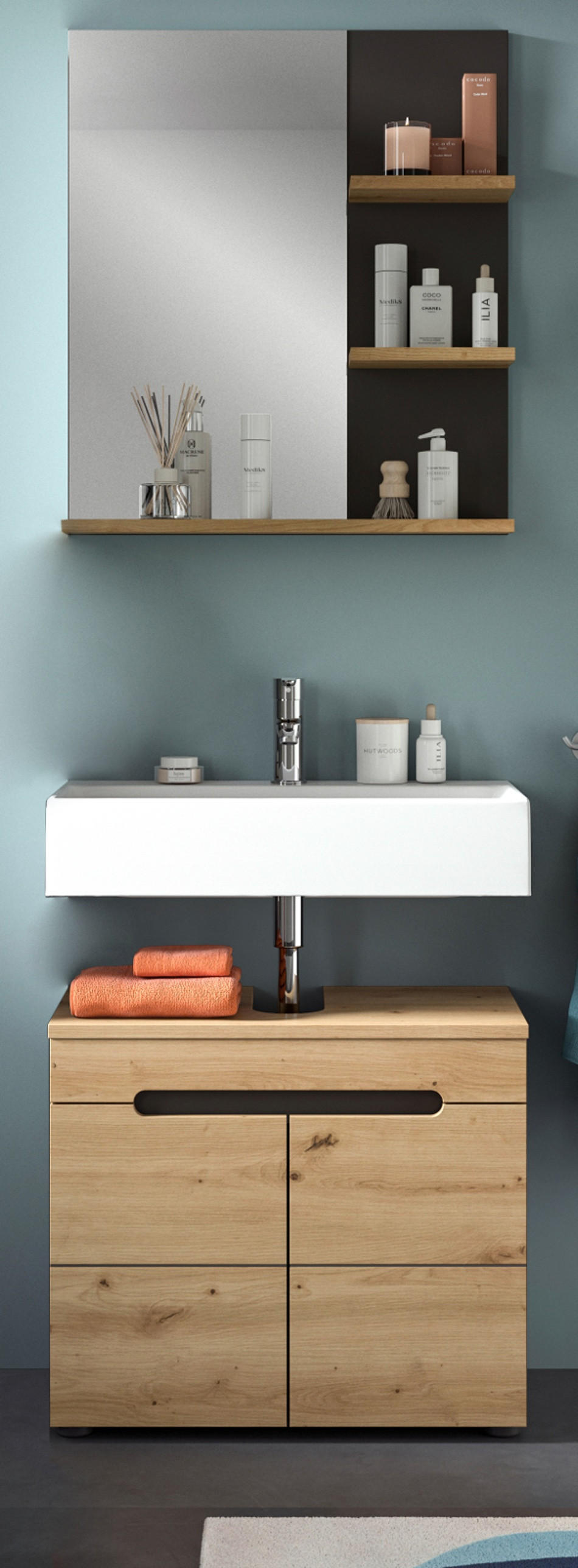 BADMÖBEL-SET Eiche, grau 2-teilig 63 cm, Komplettset mit Soft-Close - Schwarz/Eiche Artisan, Glas/Holzwerkstoff (63/193/34cm) - Inn.Furn