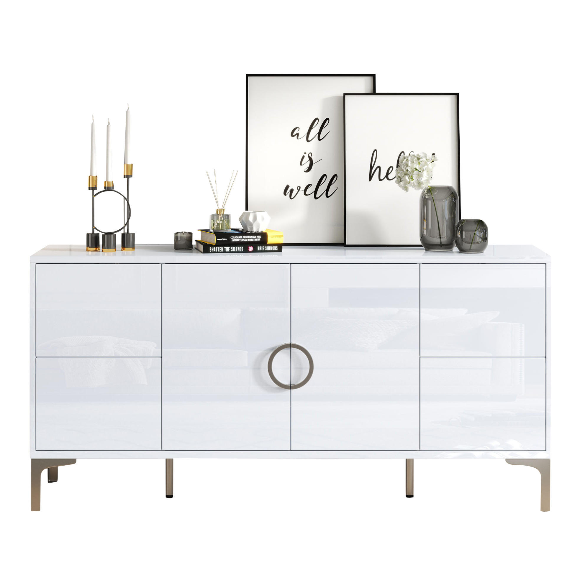 SIDEBOARD, 150/38/59,5 cm, MDF bílá s vysokým leskem, 4 zásuvky a 2 dvířka - bílá, kompozitní dřevo (150/59.5/38cm) - BEAOK