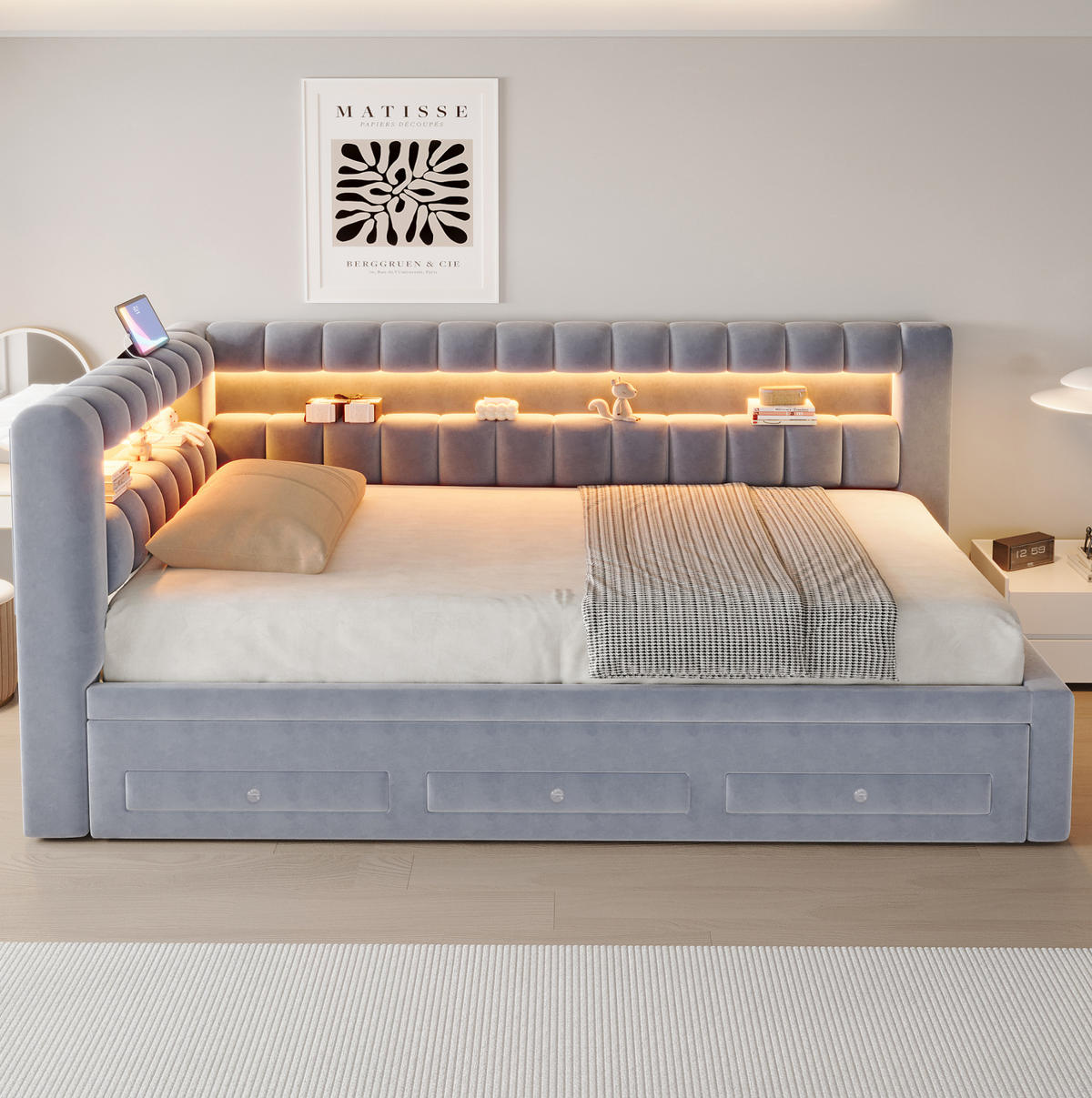 POLSTERBETT Schlafsofa aus Samt 90x190 cm Dunkelgrau mit Ausziehbett, Schubladen, LED und USB-/Typ-C-Anschlüssen - Grau, Textil (90/190cm) - Modfu