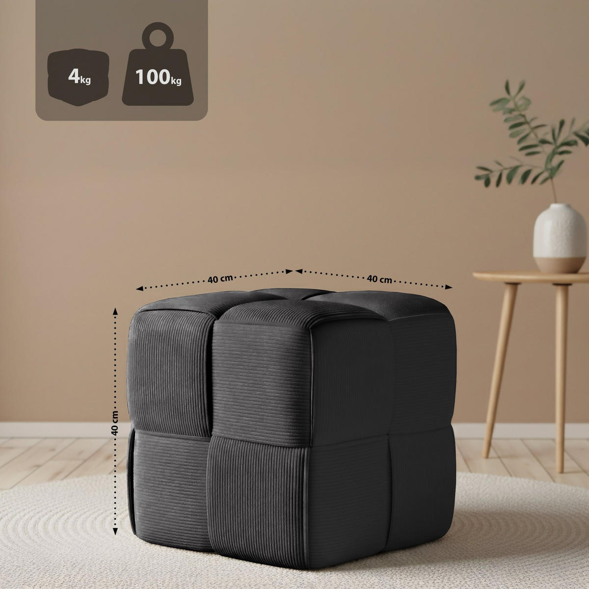 SITZWÜRFEL eckig 40/40/40 cm Cord Dunkelgrau - Dunkelgrau, Kunststoff/Textil (40/40/40cm) - CLP