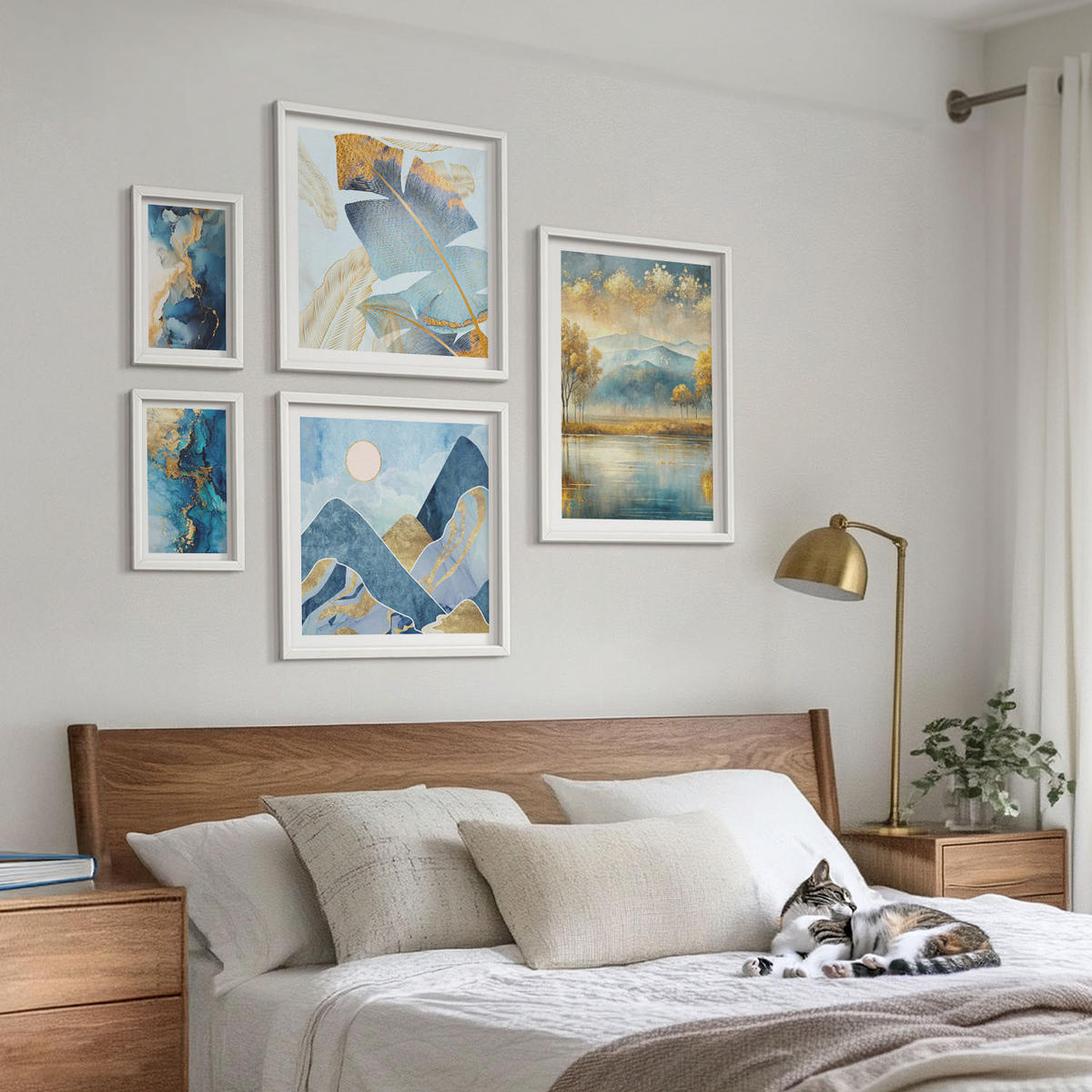 BILDER SET 5er Set - 50x50 cm & 20x30 cm & 40x60 cm Weißer Rahmen - Goldmuster in den blauen Bergen - Weiß, Kunststoff (40/60cm) - TULUP