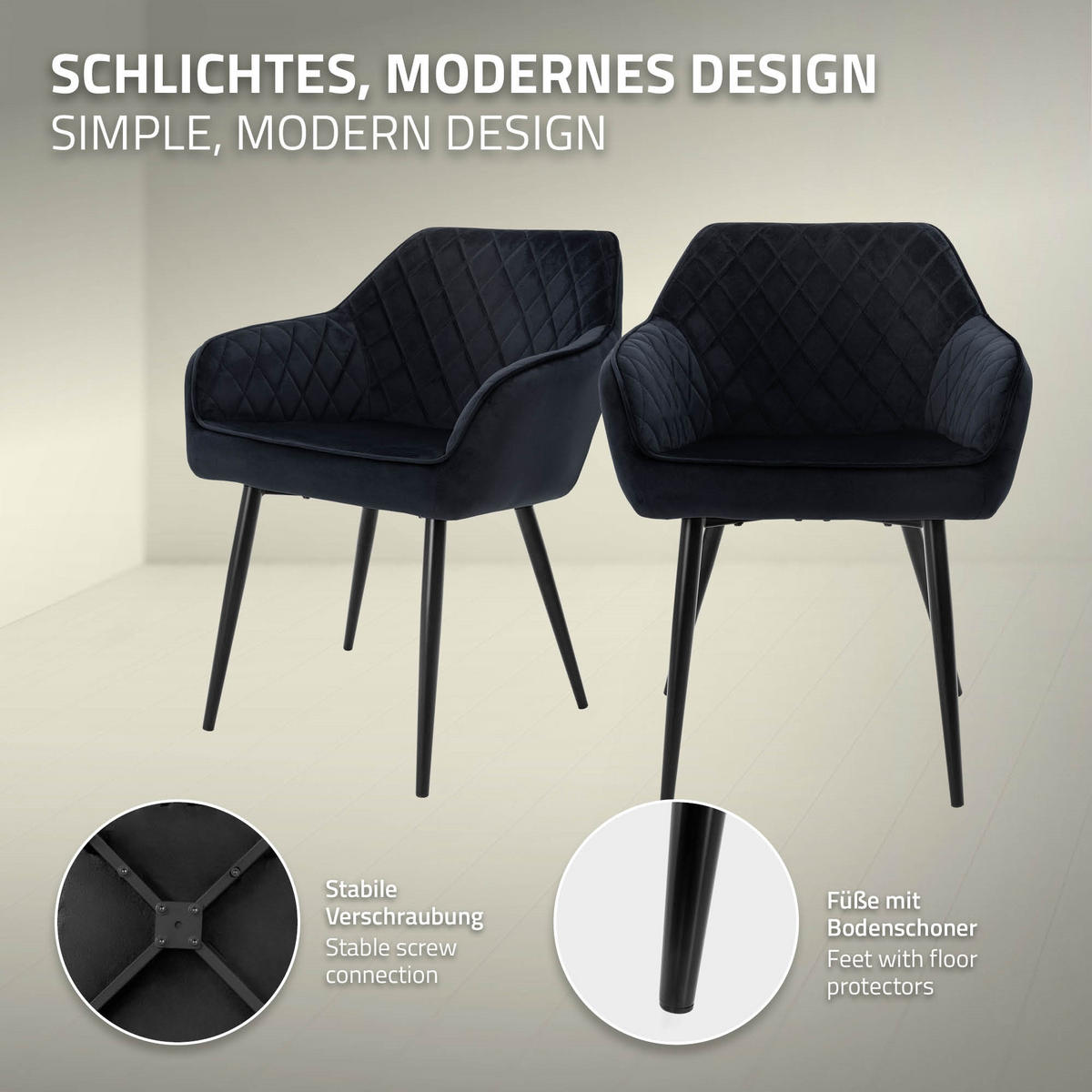 ESSZIMMERSTUHL Samt Schwarz 2er Set - Schwarz, Textil/Metall (63/80/60cm) - ML-DESIGN