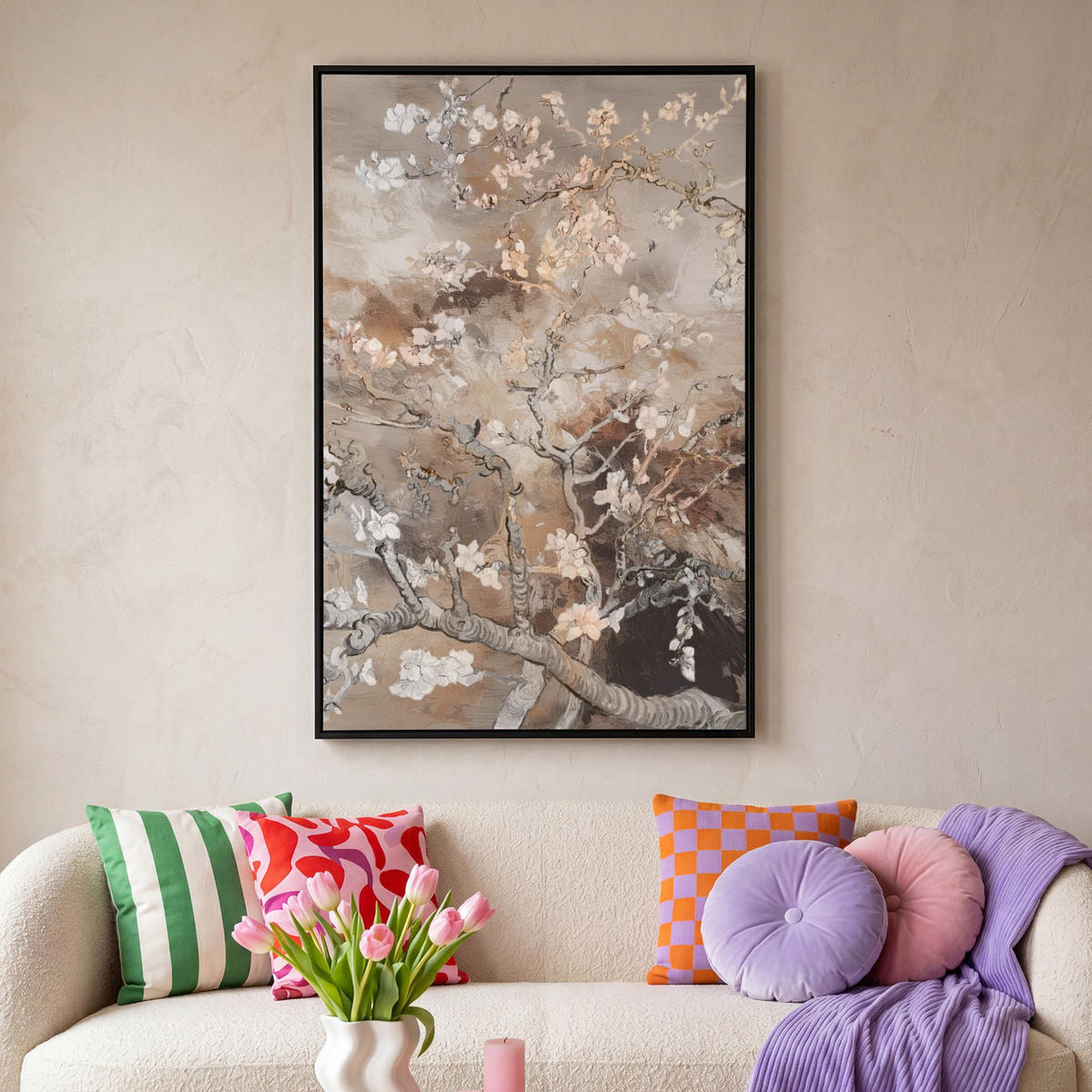 LEINWAND Bilder mit Rahmen - Mandelblüte - Kunst - Van Gogh - Beige - Abstrakt - 80x120 - Braun, Textil (80/120cm) - MuchoWow