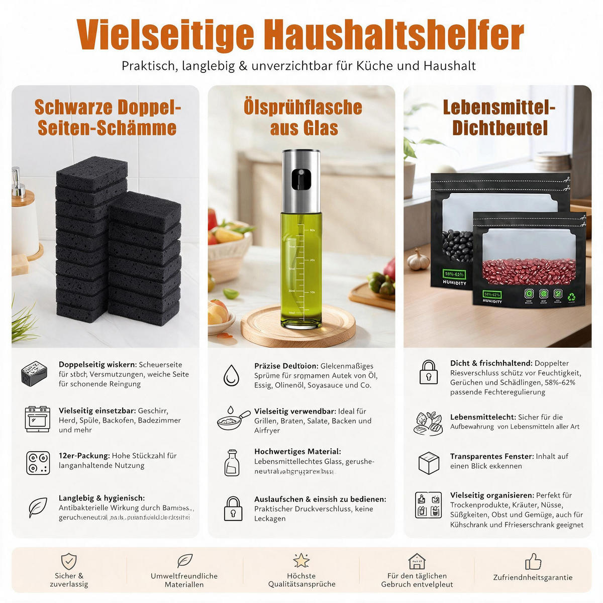 KÜCHENHELFER-SET, praktisches Küchenutensilien‑Set mit Kochbesteck, Reinigungsschwämmen und Aufbewahrungszubehör für den Haushalt - Schwarz, Kunststoff - Joyfair