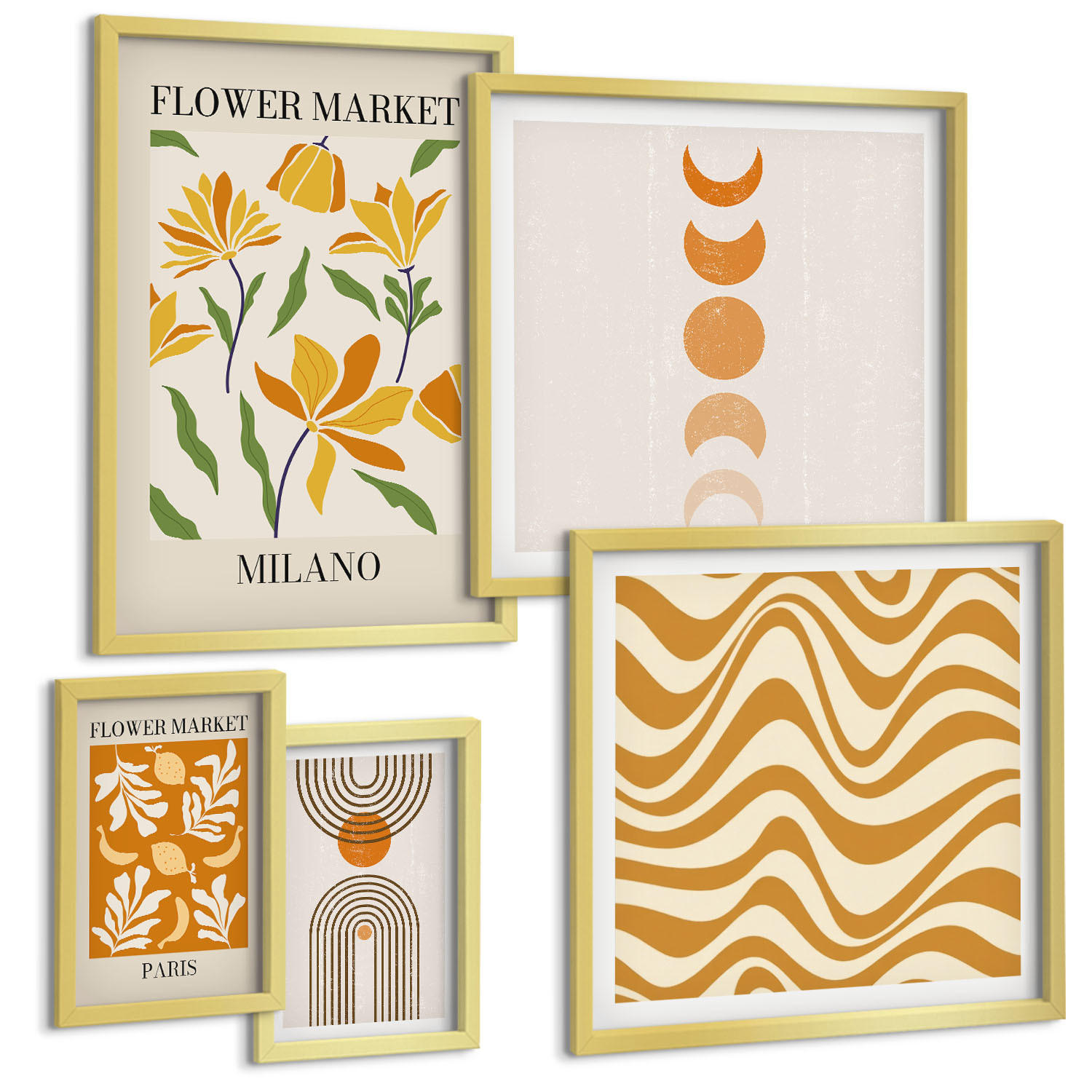 BILDER SET 5er Set - 50x50 cm & 20x30 cm & 40x60 cm Goldrahmen - Geometrische Pflanzenmuster - Goldfarben, Kunststoff (40/60cm) - TULUP