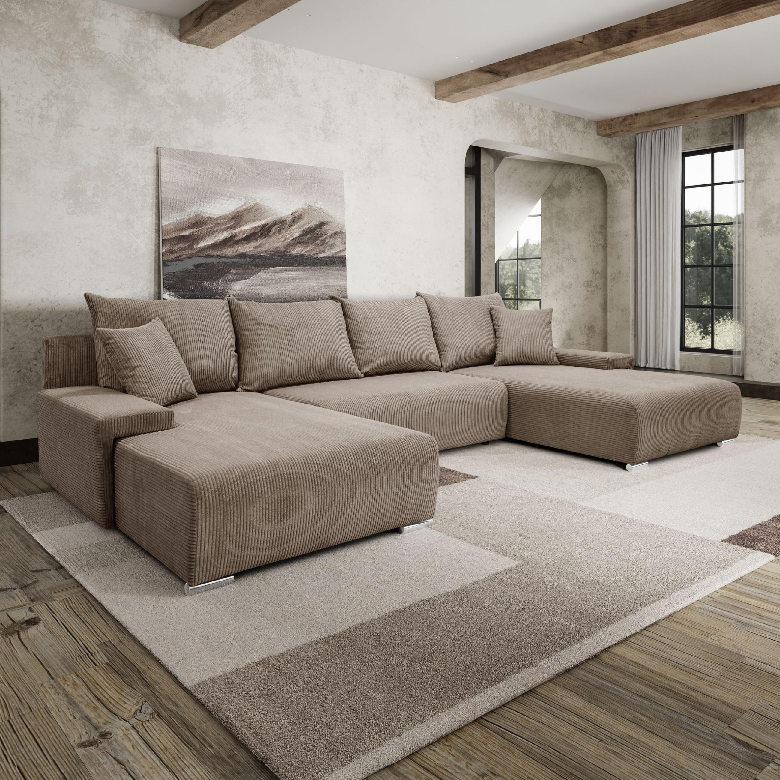 ECKSOFA U-Form Livorno Schlaffunktion Cord-Stoff Hellbraun - Hellbraun, Holz/Kunststoff (348/93/188cm) - Kaiser Möbel