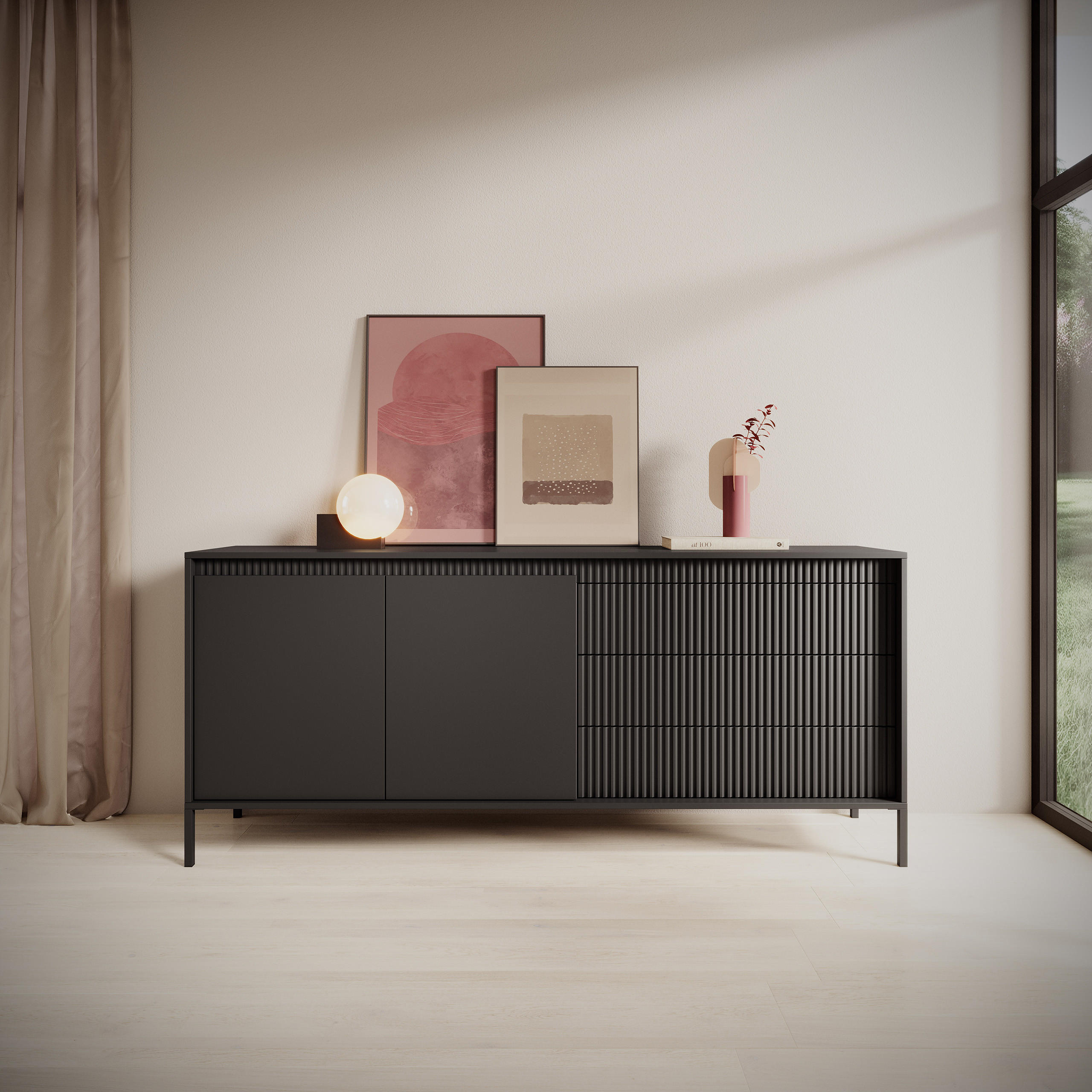 SIDEBOARD SENSATO 187/81/40 cm mit 3 Schubladen und 2 Türen Schwarz - Schwarz, Holzwerkstoff (187/81/40cm) - MASSENO