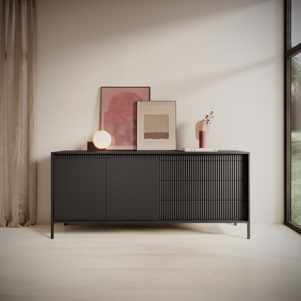 SIDEBOARD SENSATO 187/81/40 cm mit 3 Schubladen und 2 Türen Schwarz - Schwarz, Holzwerkstoff (187/81/40cm) - MASSENO