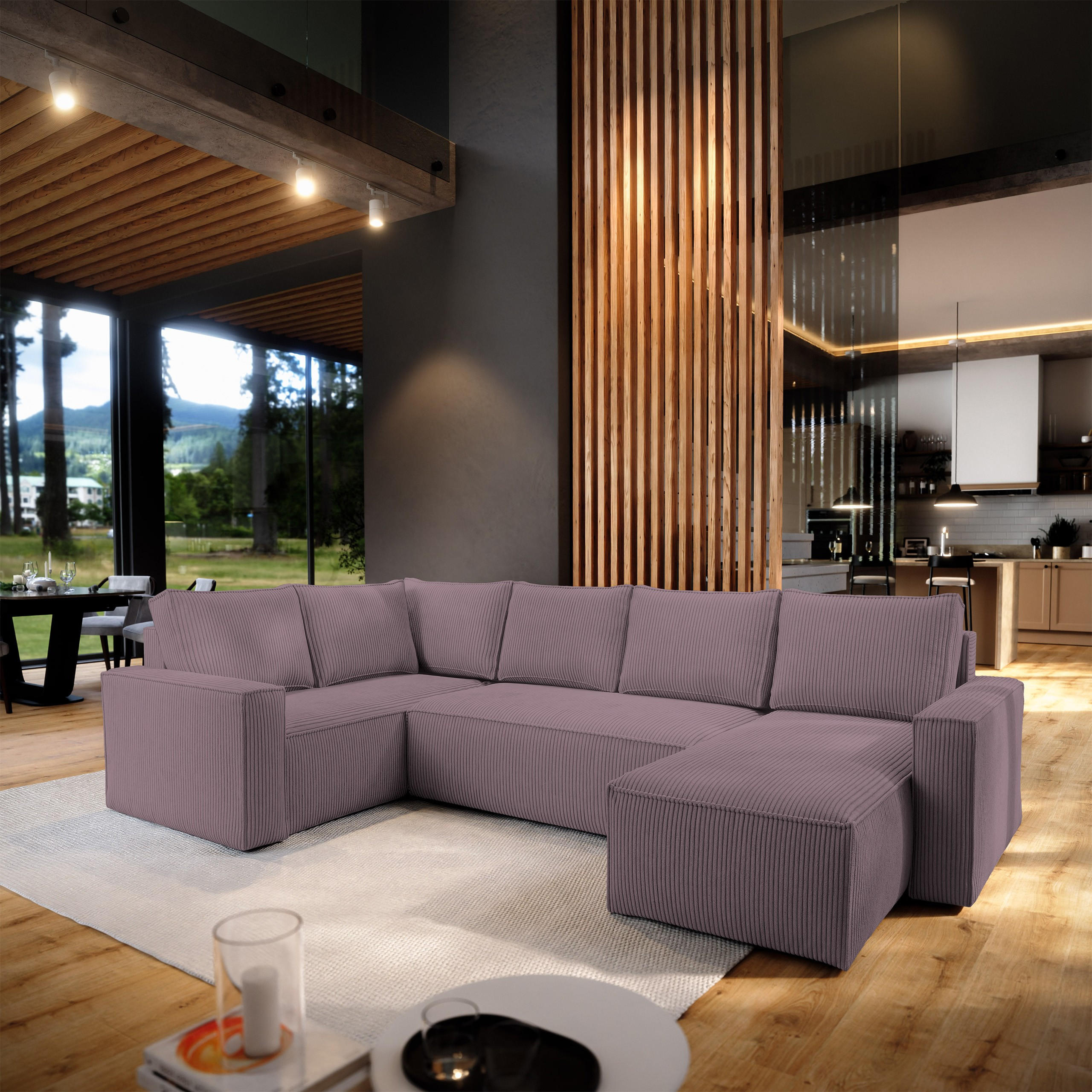 WOHNLANDSCHAFT NORENA L-S Lila Kordstoff mit Schlaffunktion - Lila, Holz (295/85/157.5cm) - MASSENO