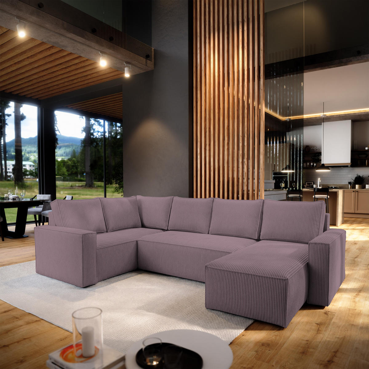 WOHNLANDSCHAFT NORENA L-S Lila Kordstoff mit Schlaffunktion - Lila, Holz (295/85/157.5cm) - MASSENO
