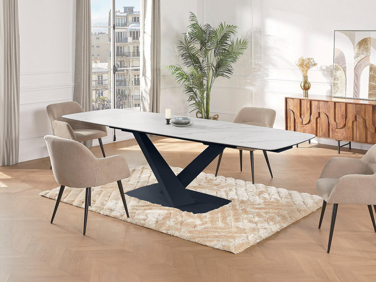 ESSTISCH ausziehbar - 6 bis 10 Personen - Sicherheitsglas, Keramik & Metall - Marmor-Optik Weiß & Schwarz - MALATA - Schwarz/Weiß, Glas (260/90/76cm) - Vente-Unique