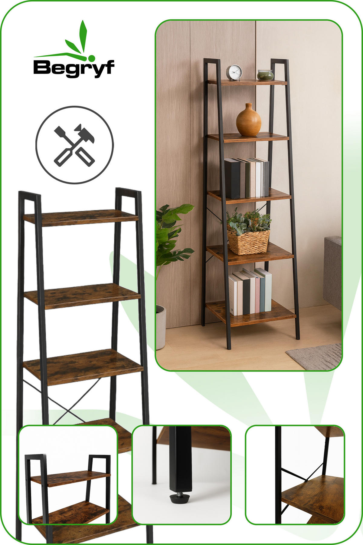 STANDREGAL Holzoptik Metall Dunkelbraun Schwarz 5 Ablagen 172×56×34 cm - Dunkelbraun/Schwarz, Holzwerkstoff/Metall (56/172/34cm) - Begryf