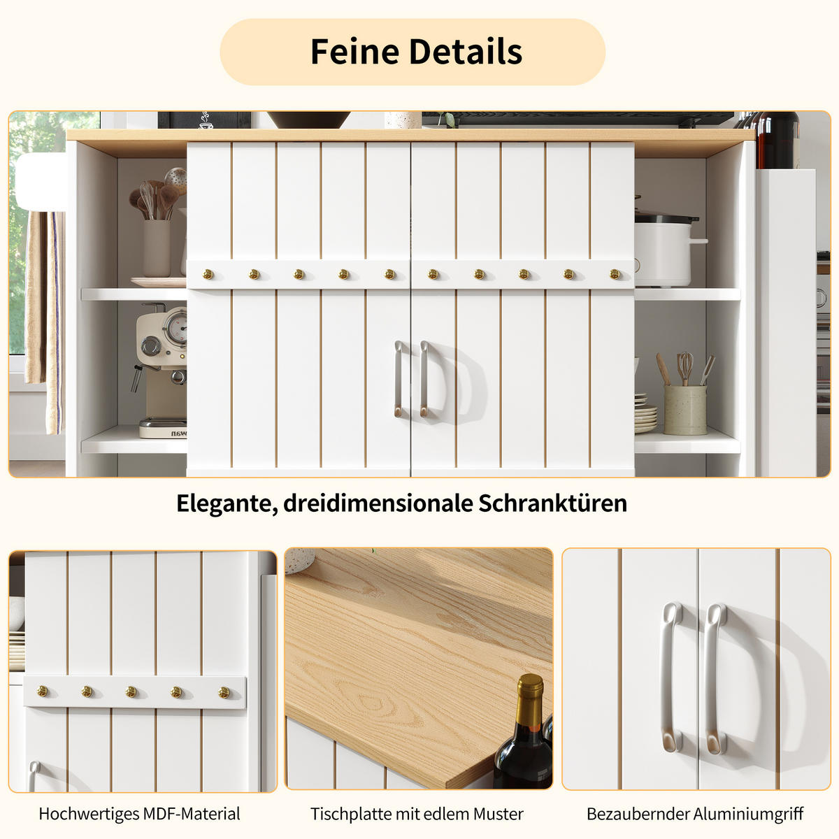 KÜCHENWAGEN 110x42x90cm Weiß mit 3 Schubladen,Schiebetüren & 4 Rollen - Weiß, Holzwerkstoff (110/90/42cm) - Modfu