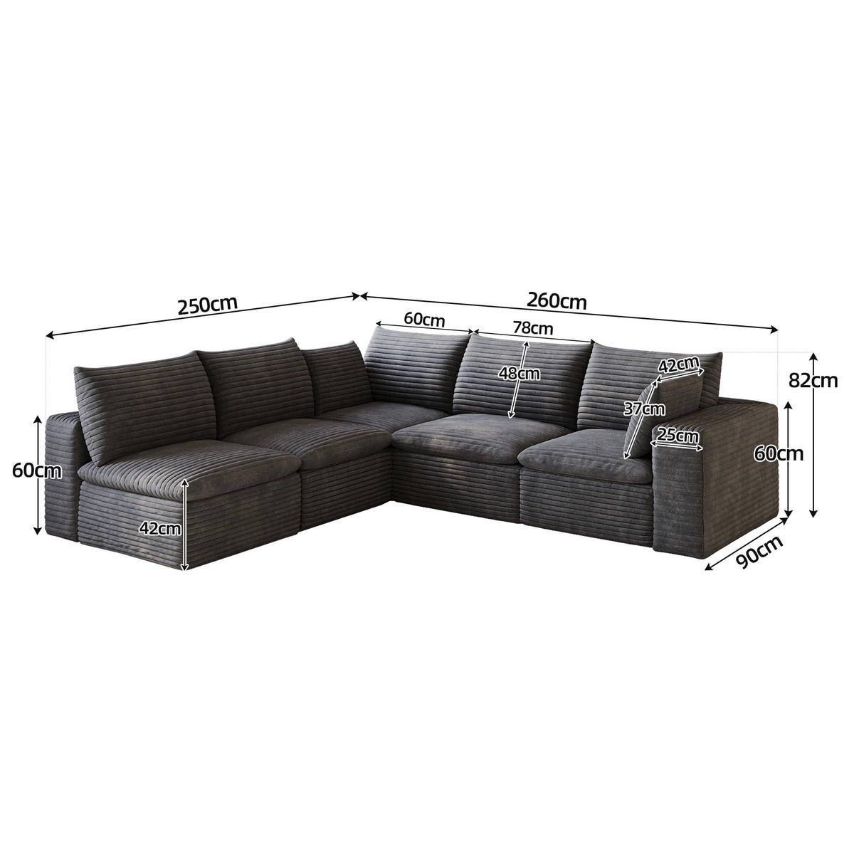 ECKSOFA aus Stoff 260x250 cm Dunkelgrau mit flexiblem Aufbau und weicher Schaumstoffpolsterung - Dunkelgrau, Textil (260/250cm) - Modfu