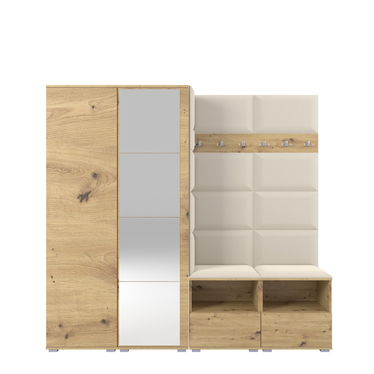GARDEROBE NELA VI 200 cm (Kompaktgarderobe Artisan Eiche mit Spiegel & Sitzpolster Creme 01 Schrank & Paneel) - Silberfarben/Creme, Holz/Holzwerkstoff (200/187/40cm) - Ravio