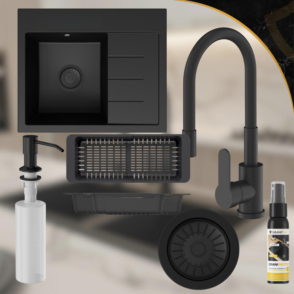 SPÜLBECKEN Amber Schwarz 5-tlg. 60/50 cm mit Abtropffläche - Schwarz, Stein (50/29/50cm) - Granitan