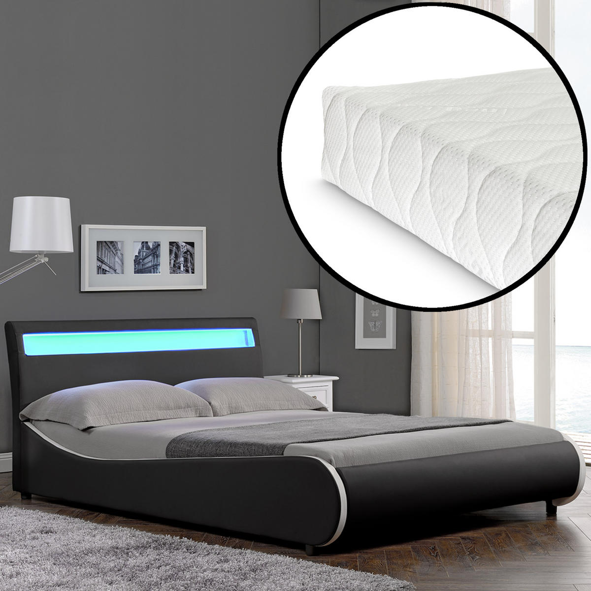 POLSTERBETT Valencia mit Matratze und LED-Beleuchtung - Schwarz, Textil (180/200cm) - Corium