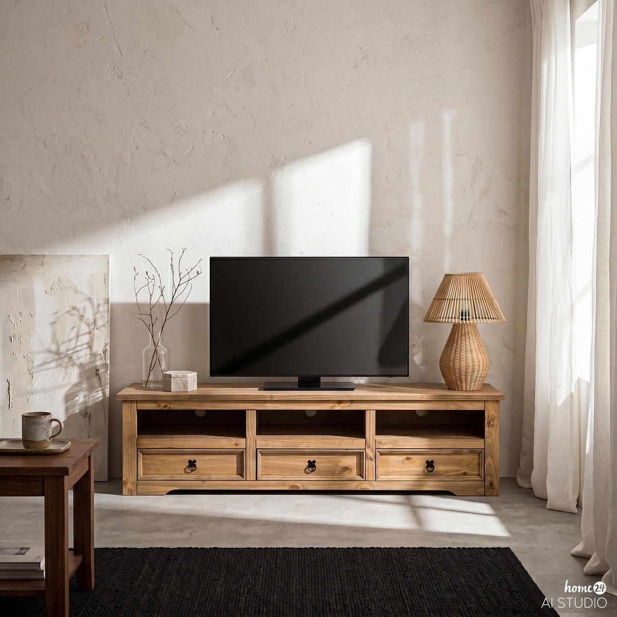 TV-LOWBOARD - Kiefer massiv - 174 cm - Schwarz/Kieferfarben, Holz/Metall (174/46/51cm) - home24