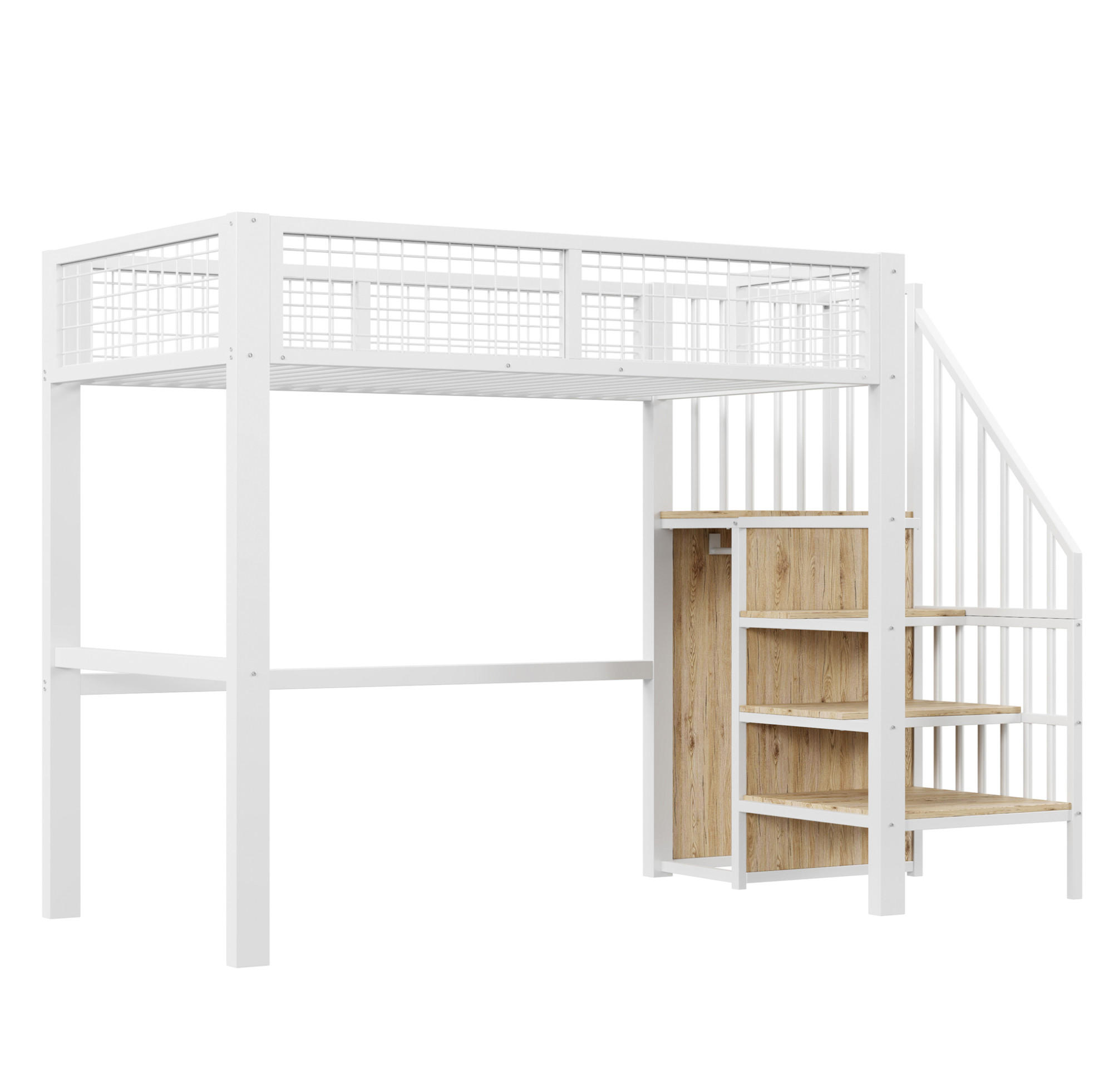 HOCHBETT 90/200 cm Weiß aus Metall und MDF mit Leiter und Kleiderschrank - Weiß, Metall (90/200cm) - OKMYHOME