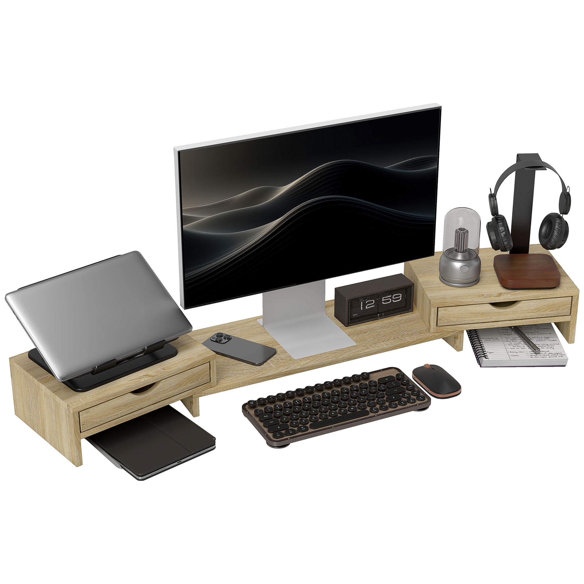 MONITORSTÄNDER DE-16699 60-116 cm ausziehbar, 2 Schubladen - Eichefarben, Holzwerkstoff (60/22/12cm) - ComfortXL