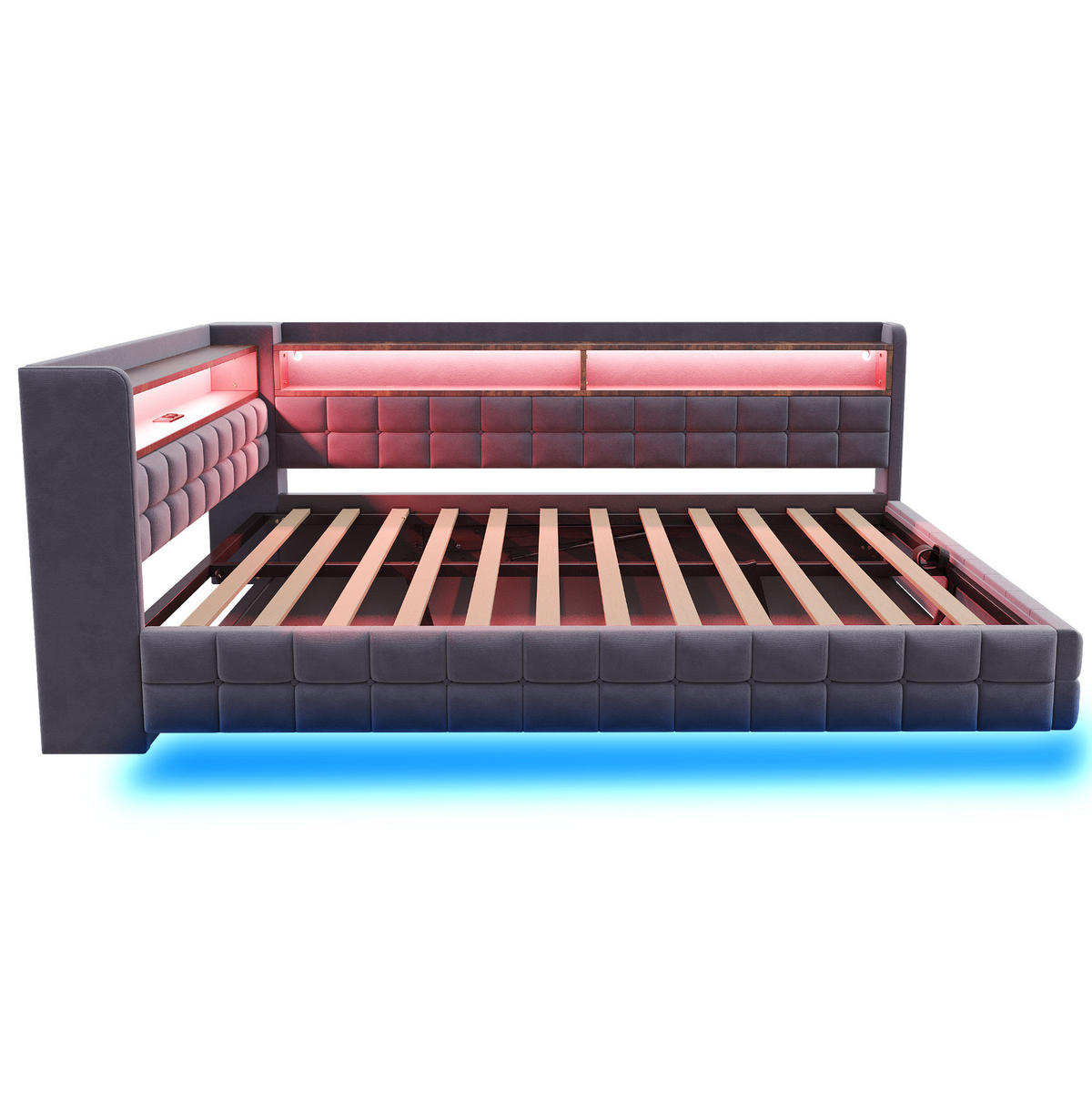 SCHLAFSOFA aus Samt 140x200 cm Grau mit Bettkasten, LED-Beleuchtung und Ladeanschlüssen - Grau, Textil (140/200cm) - IVMEU