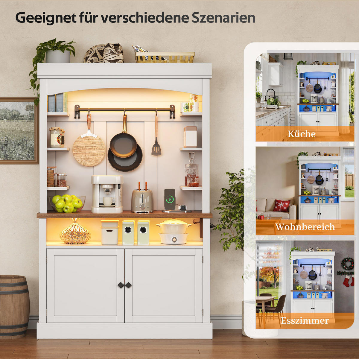 BUFFETSCHRANK Weiß 183cm mit LED-Beleuchtung, Steckdose & Kaffeebar - Weiß, Holzwerkstoff (106/183/43cm) - Urban Meuble