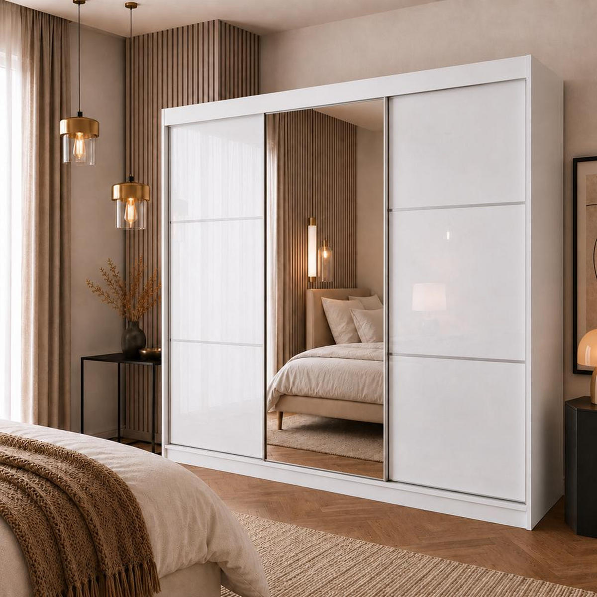 SKŘÍŇ s posuvnými dveřmi Viva 240/216/61 bílá se zrcadlem - bílá, kompozitní dřevo (240/216/61cm) - Beautysofa