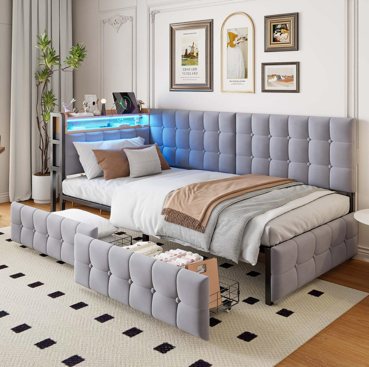 ČALÚNENÉ posteľné sofa z látky 90x200 cm sivé s LED osvetlením, USB, Type-C a 2 zásuvkami - sivá, textil (90/200cm) - Modfu