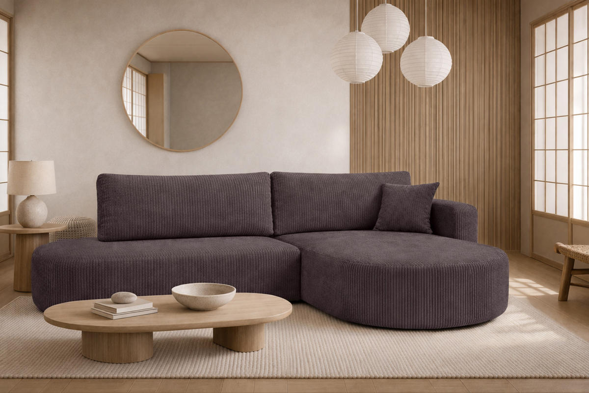 ECKSOFA Mit Schlaffunktion Und Bettkasten, Cordstoff Poso, Dunkelgrau, Rechts, ROUND ONE OPEN XL - Dunkelgrau, Holz (262/175cm) - Kaiser Möbel