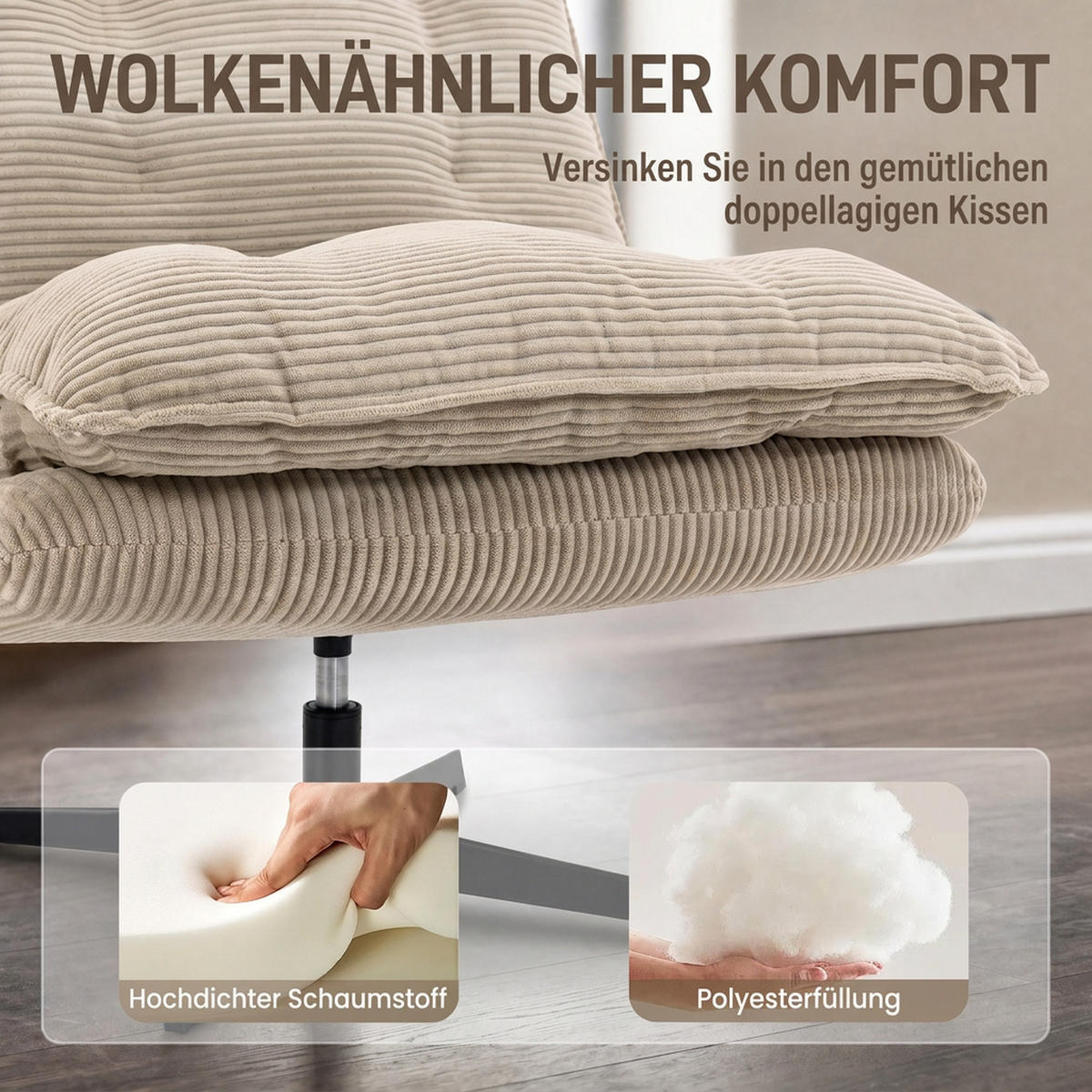 SESSEL mit Hocker Polyester Beige - Beige/Schwarz, Textil/Metall (74/89/82cm) - HOMCOM