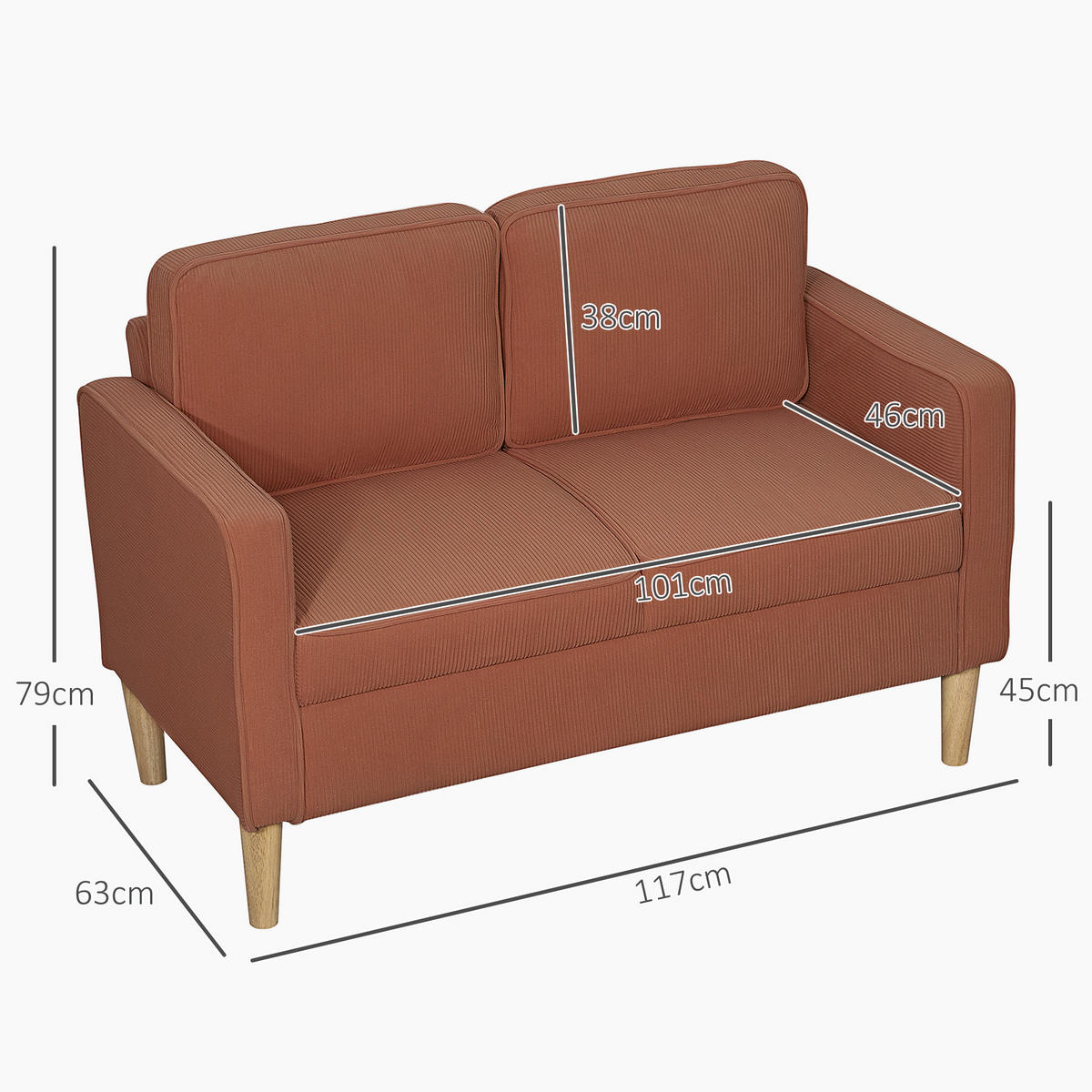 SOFA 2 Sitzer klein Couch mit Armlehne, Stauraum für Wohnzimmer, Orange - Orange/Naturfarben, Holz/Textil (63/79/117cm) - HOMCOM