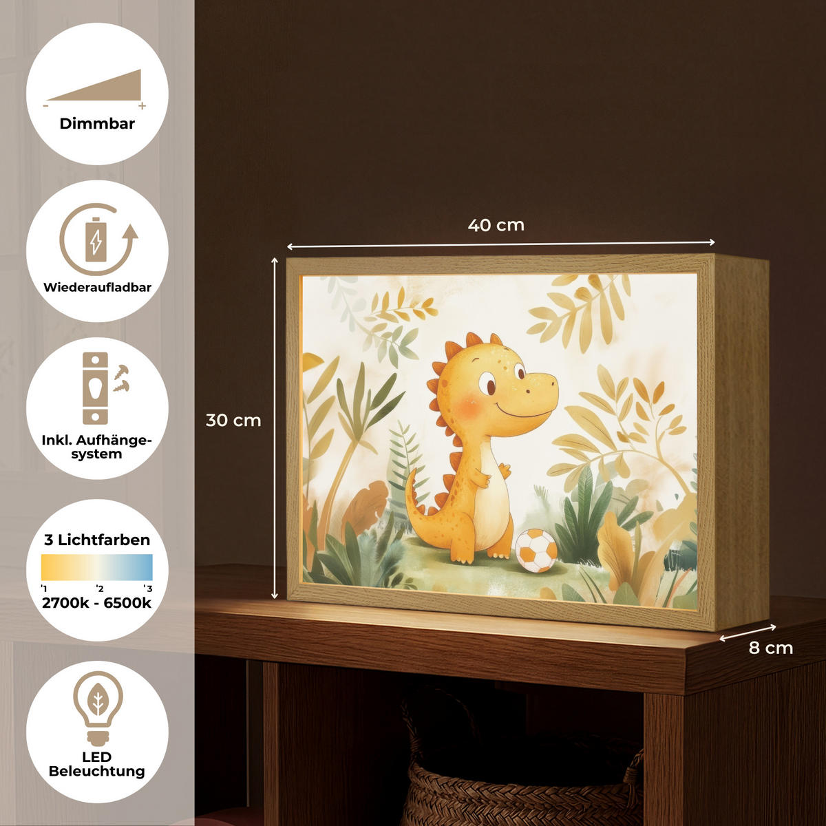 NACHTTISCHLAMPE MIT AKKU Dino - Fußball - Orange 40x30 cm - Beige, Holzwerkstoff (8/40/30cm) - OnlyWow