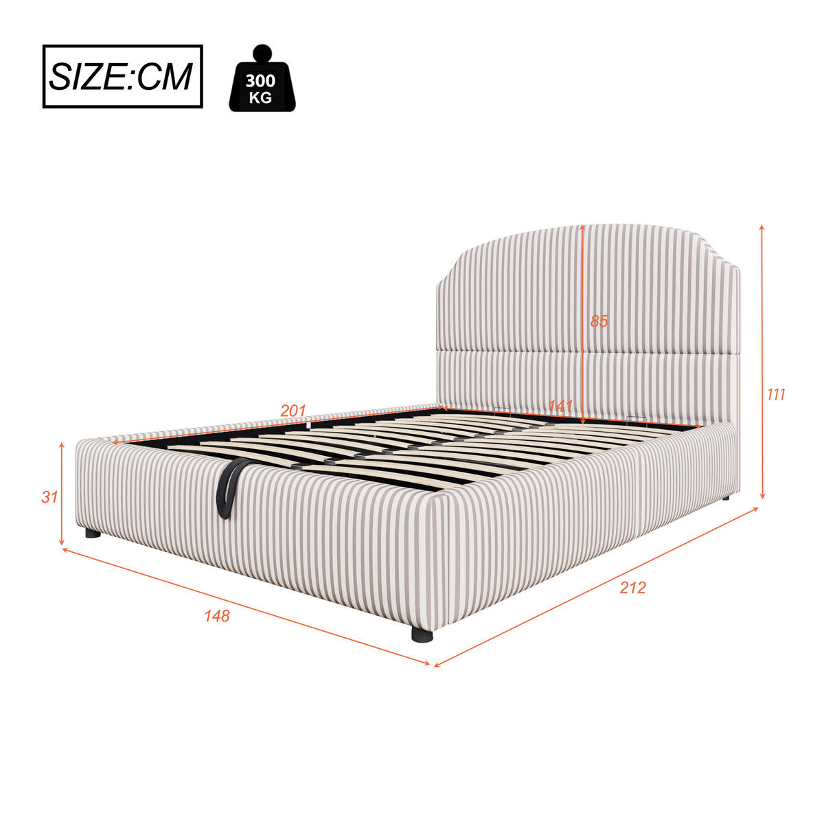 POLSTERBETT 140/200 cm Weiß Anthrazit mit hydraulischem Stauraum und Streifenstoff - Weiß, Textil (140/200cm) - OKWISH