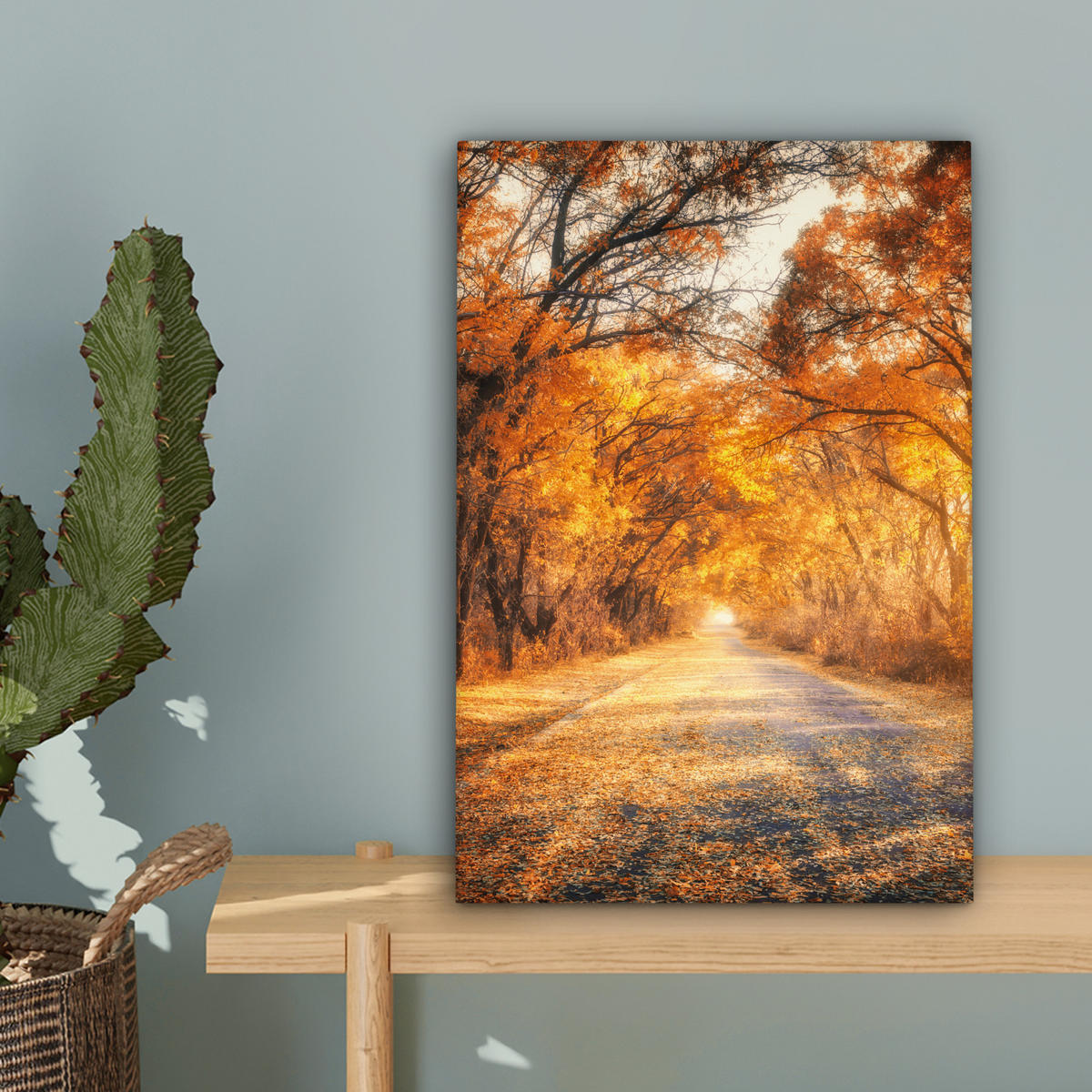 LEINWANDBILD Wald - Herbst - Bäume - Waldweg - Natur Deko Wohnzimmer 20x30 cm - Bernsteinfarben, Textil (20/30cm) - MuchoWow