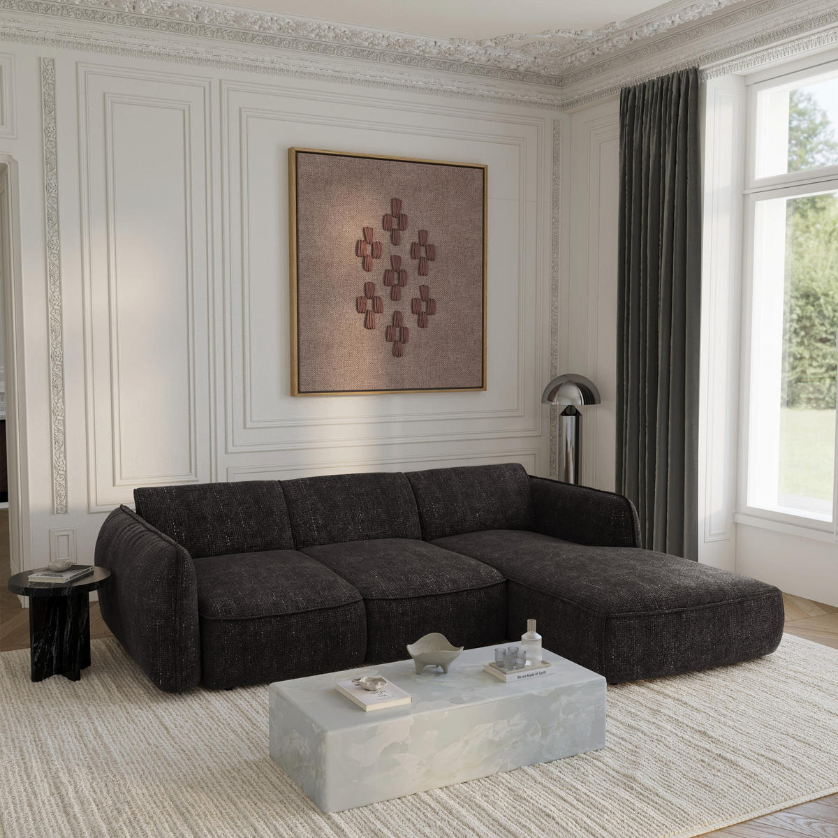 ECKSCHLAFSOFA Rastervelours 274cm - Schwarz, Textil (274/174cm) - Sia Home