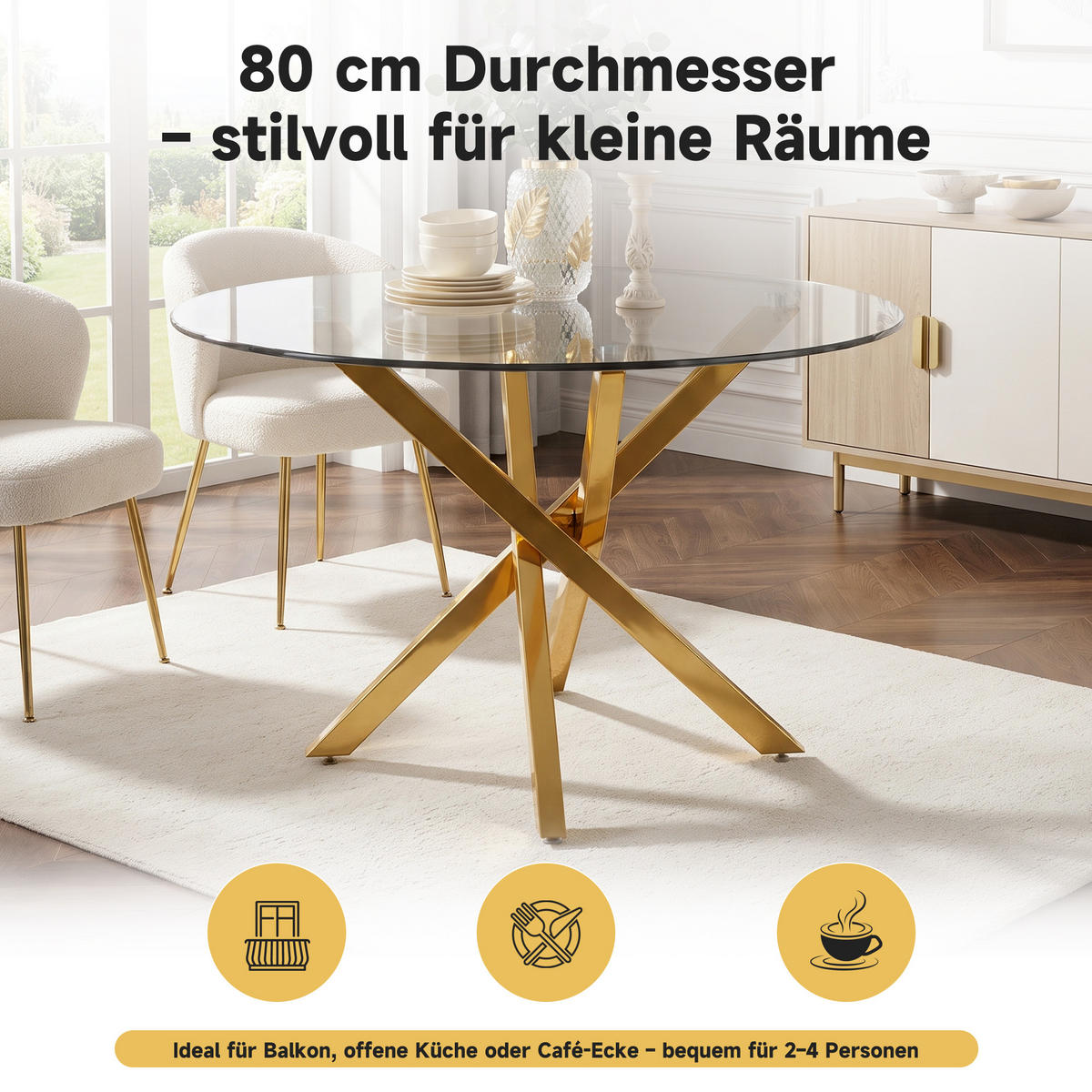 ESSTISCH Rund 80x80x75cm Glas Gold - Goldfarben, Glas (80/80/75cm) - FLIEKS