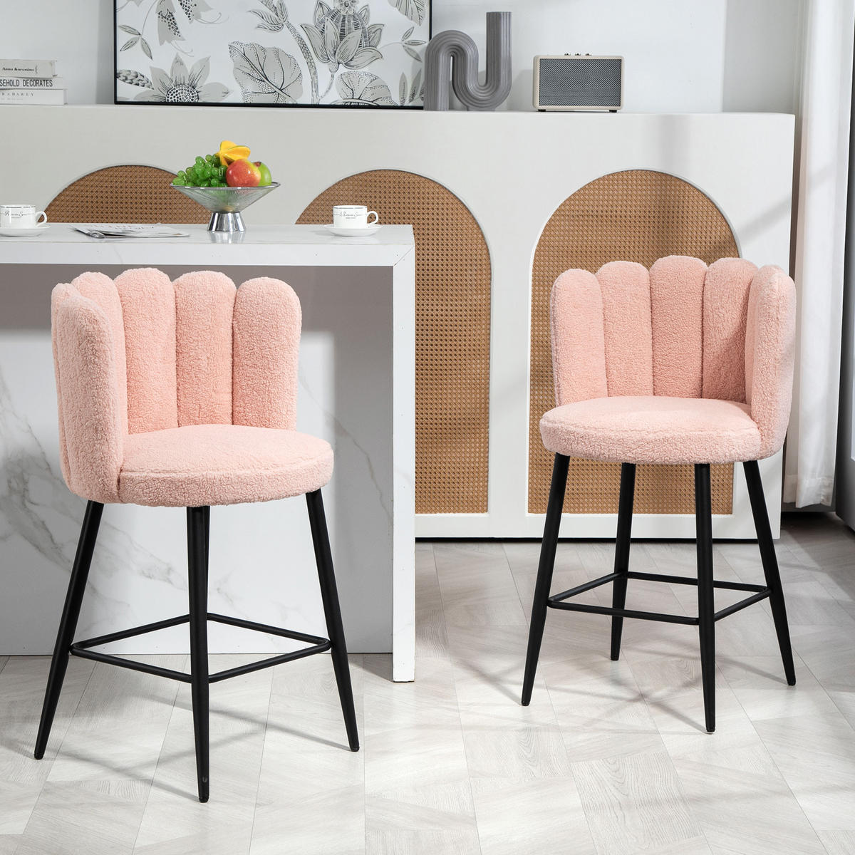 BARHOCKER 2er-Set DE-14780 gepolstert mit Boucle-Bezug & Fußstütze Rosa - Pink, Metall (52/93/53cm) - ComfortXL