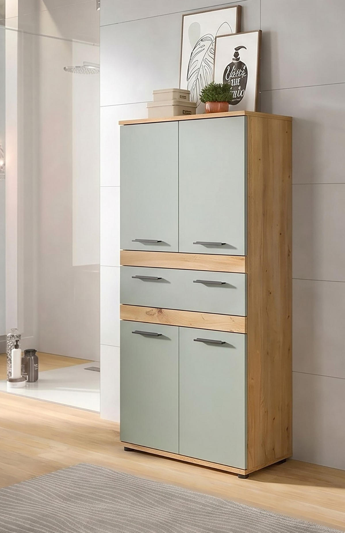 MIDISCHRANK Salbei, Artisan Eiche 70 x 137 cm, Badschrank mit vielen Fächern - Salbeigrün/Schwarz, Holzwerkstoff/Kunststoff (70/135/31cm) - Inn.Furn