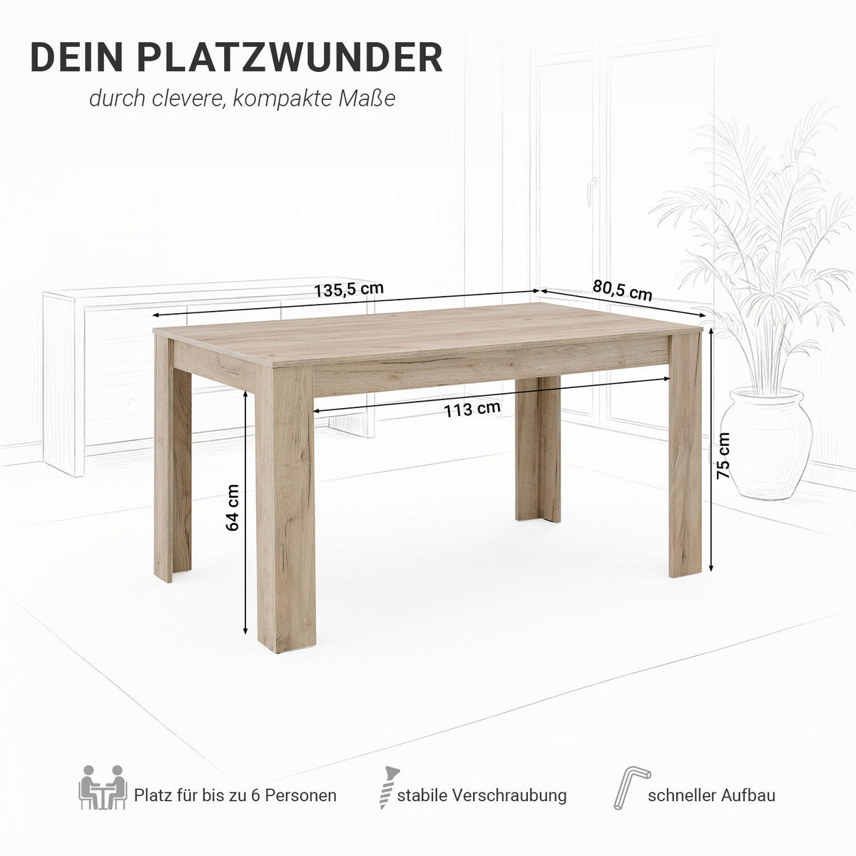 ESSTISCH in Eiche Grau 135/80/75 cm - Grau, Holz (80/135/75cm) - Homestyle4u
