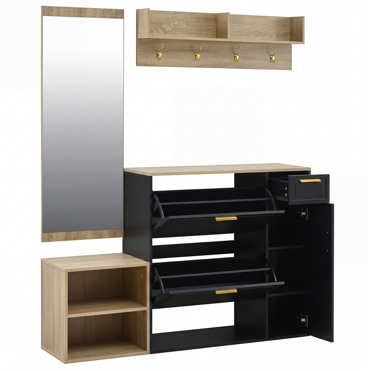 GARDEROBE 139,5/166/35 cm Natur/Schwarz aus Spanplatte mit Spiegel 4er Set - Naturfarben, Holzwerkstoff (30/174/130cm) - OKMYHOME