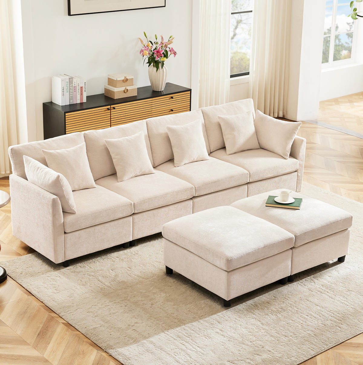 SOFA modular 278 x 161 cm Chenille Beige 3-tlg. mit 2 Hockern und 6 Kissen - Beige, Textil (161/81/278cm) - Meubliv