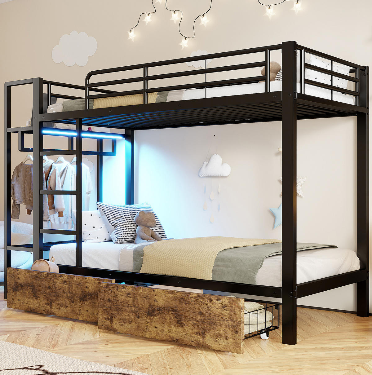 ETAGENBETT 90/200 cm schwarz aus Metall und MDF mit LED und Stauraum - Schwarz, Metall (90/200cm) - OKWISH