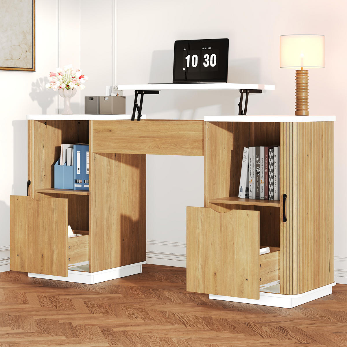 SCHREIBTISCH 140x50cm Höhenverstellbar Stauraum Weiß Eiche - Eiche Bianco, Holzwerkstoff (50/140/92cm) - FLIEKS