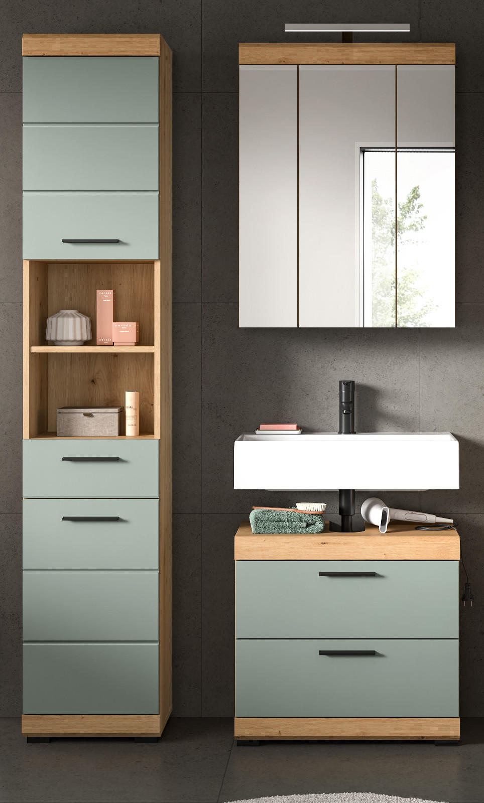 Thumbnail - Inn.Furn Badmöbel-Set, Salbeigrün, Eiche Artisan, Kunststoff, Nachbildung, Uni, Holz Optik, 9 Fächer, 3 Schubladen, Rech...