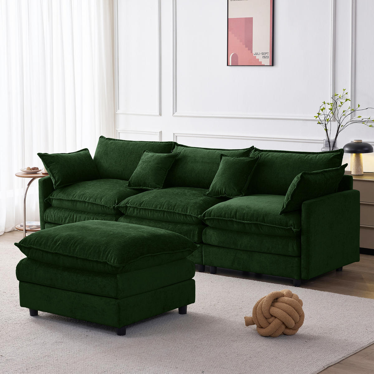 ECKSOFA Chenille Grün mit Hocker - Grün, Holzwerkstoff/Kunststoff (267/154cm) - WISHDOR