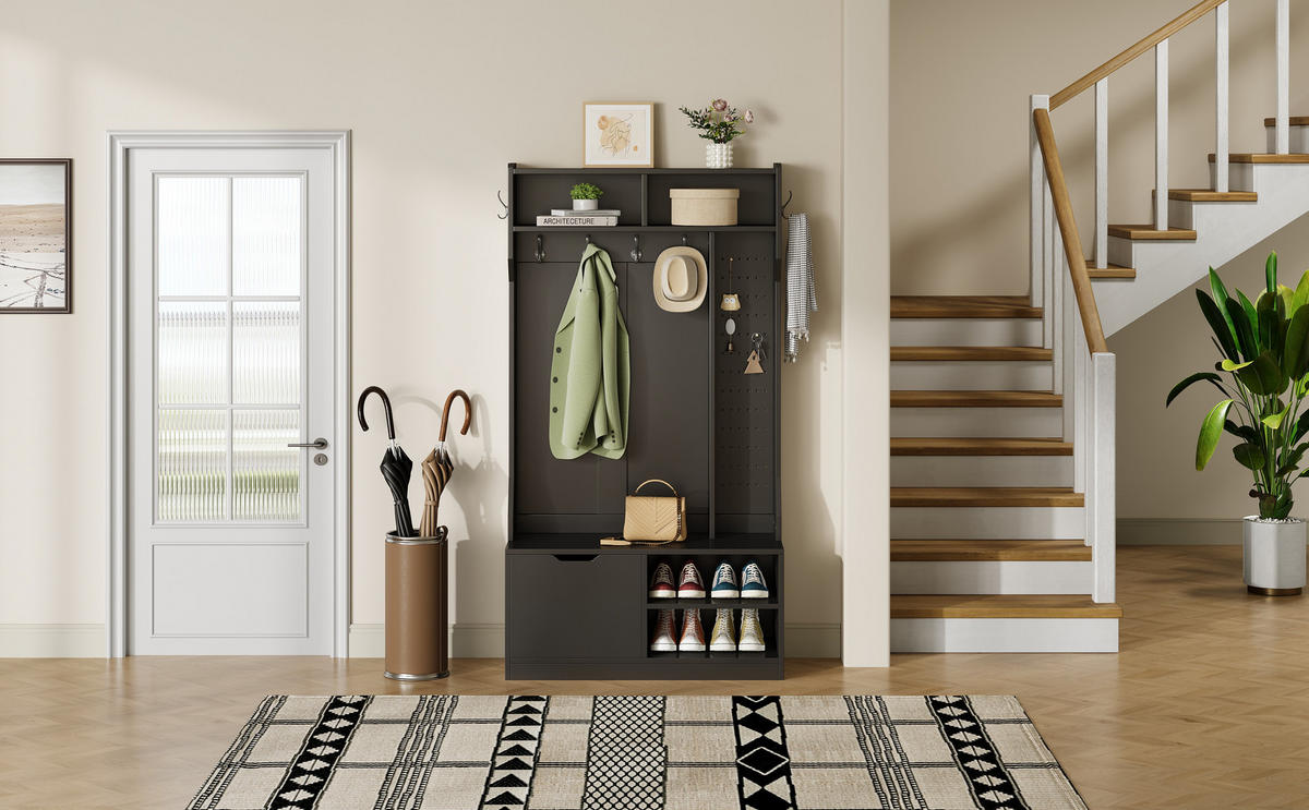 GARDEROBENSET Flurgarderobe mit Sitzbank 6 Haken Schwarz 100x40x185.5cm - Schwarz, Holzwerkstoff (185.4/40/100cm) - FLIEKS