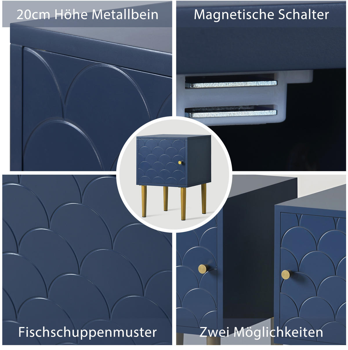 NACHTTISCH aus Holz mit Fischschuppenfront & Metallgestell, 35/35/51 cm, Dunkelblau - Dunkelblau, Holzwerkstoff (35/51/35cm) - Redom