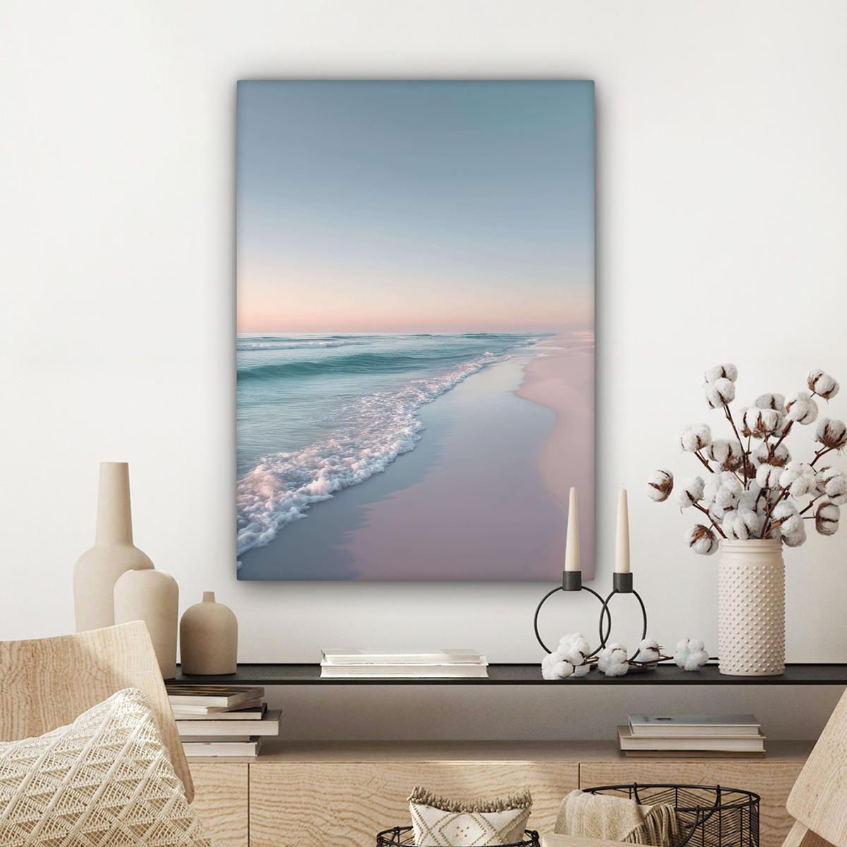 LEINWANDBILD Küstenlinie - Pastell - Wasser Wandbild Wohnzimmer 60x80 cm - Pastellblau, Textil (60/80cm) - MuchoWow