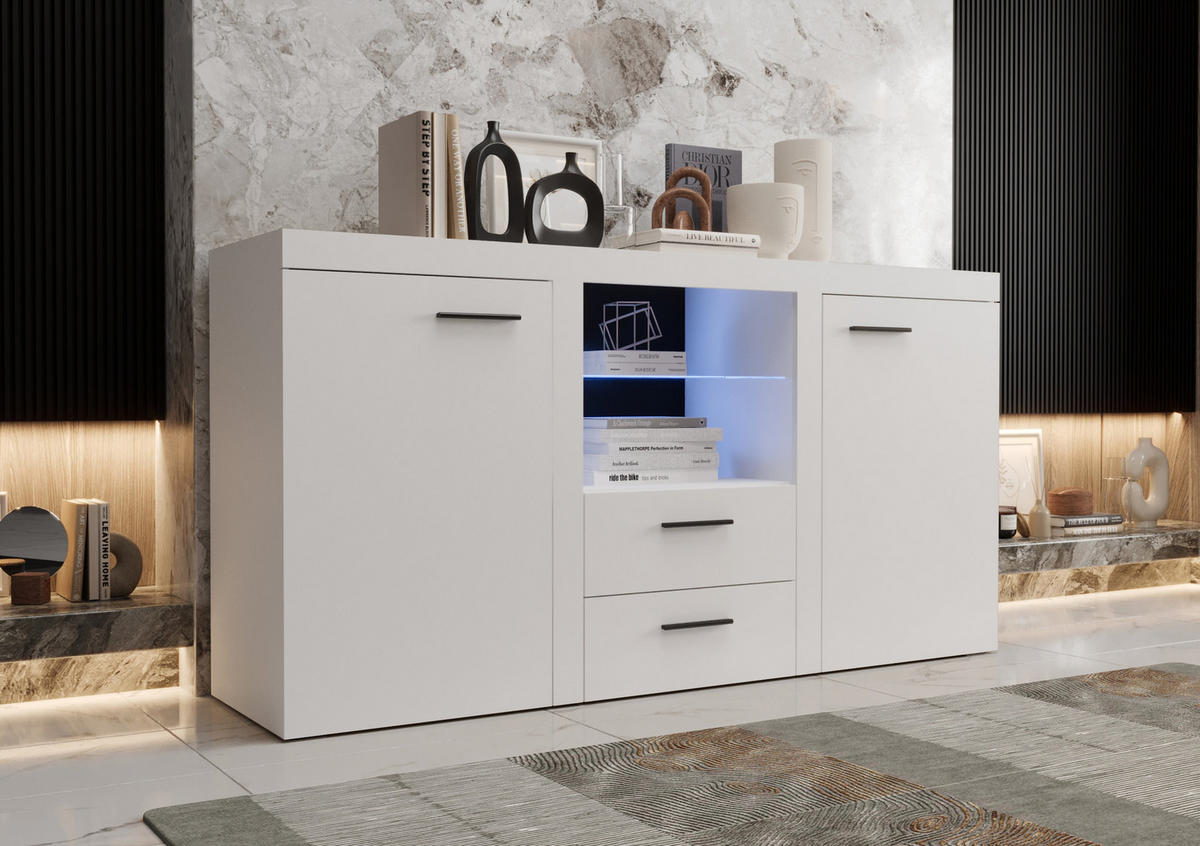 KOMMODE London LRK mit 2 Türen, Sideboard in Farbe: Weiß, Größe: 156 x 82 x 40 cm - Weiß, Holzwerkstoff (156/82/40cm) - O-Sofa