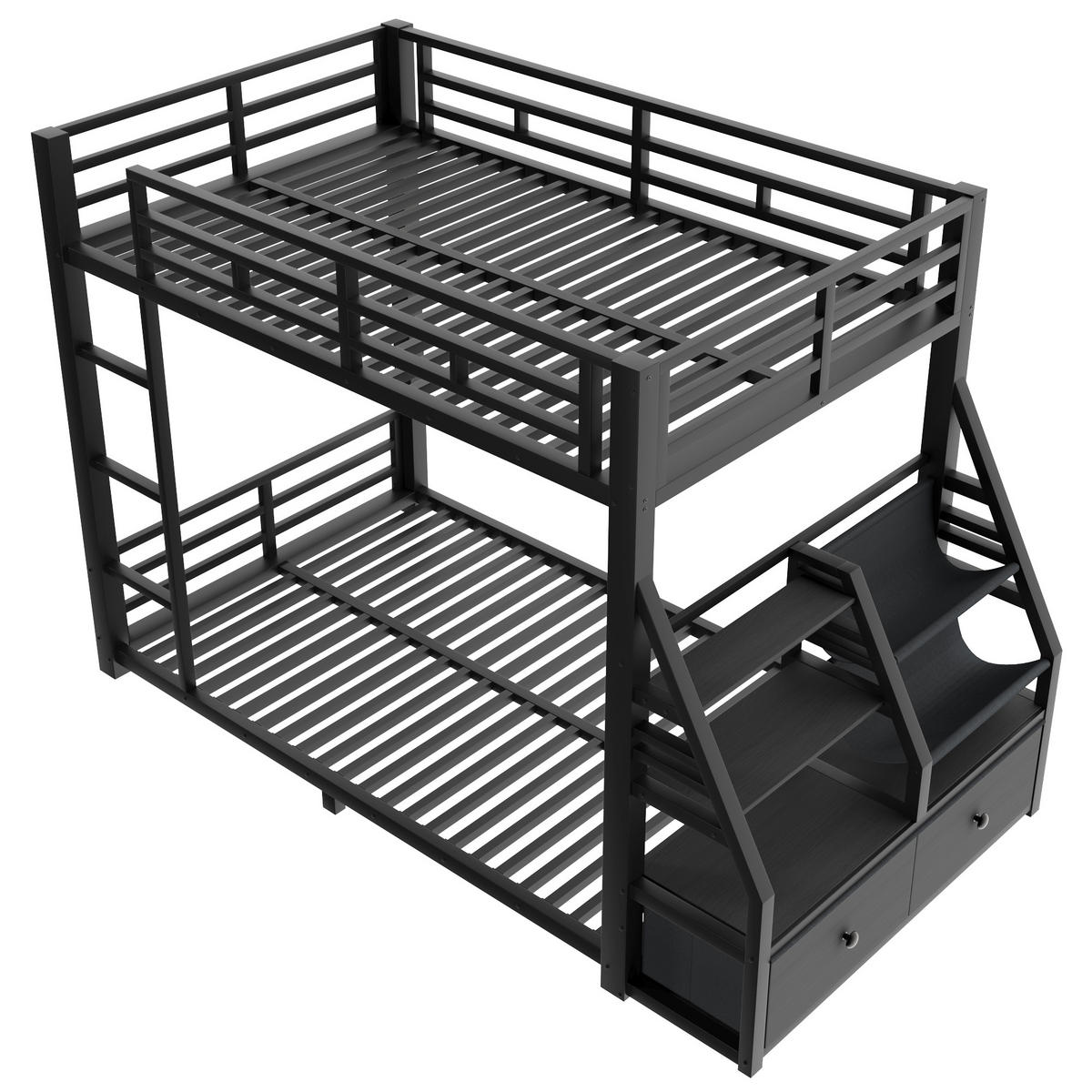 ETAGENBETT mit LED und 2 Stoffschubladen 90x200 cm Schwarz - Schwarz, Metall (90/200cm) - Meubliv